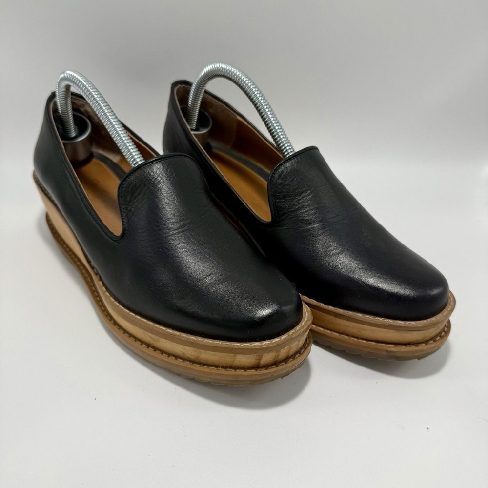 Michel Domit Black Slip On Leather Wedge Platform Loafers Women US 7-7.5 Mexico